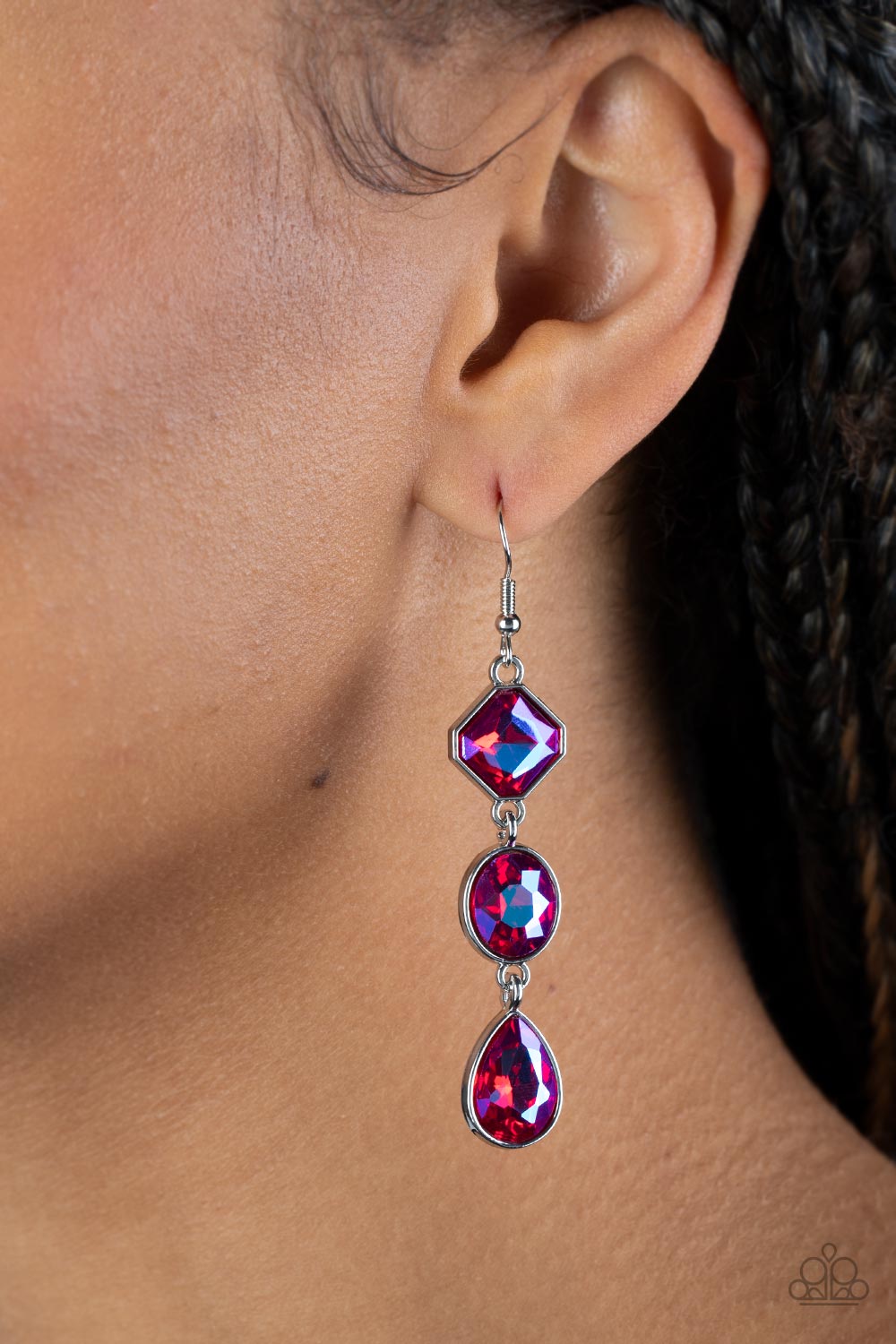 Reflective Rhinestones Pink Iridescent Earrings - Paparazzi Accessories- on model - CarasShop.com - Paparazzi Jewelry by Cara Jewels