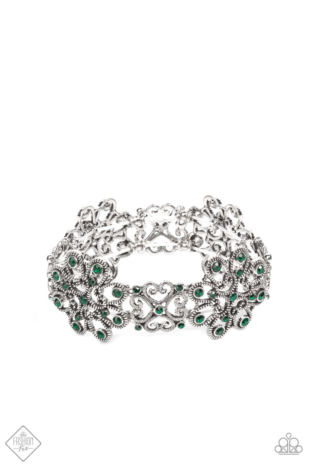 Regal Recognition Green Rhinestone and Silver Filigree Bracelet - Paparazzi Accessories- lightbox - CarasShop.com - Paparazzi Jewelry by Cara Jewels