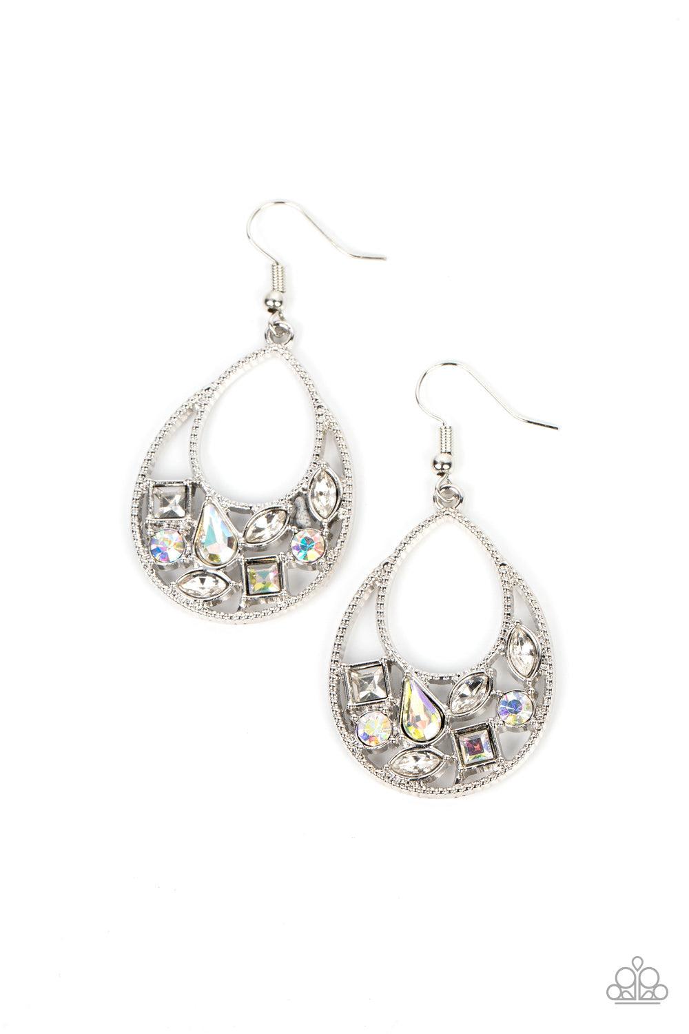 Regal Recreation White & Iridescent Rhinestone Earrings - Paparazzi Accessories- lightbox - CarasShop.com - Paparazzi Jewelry by Cara Jewels