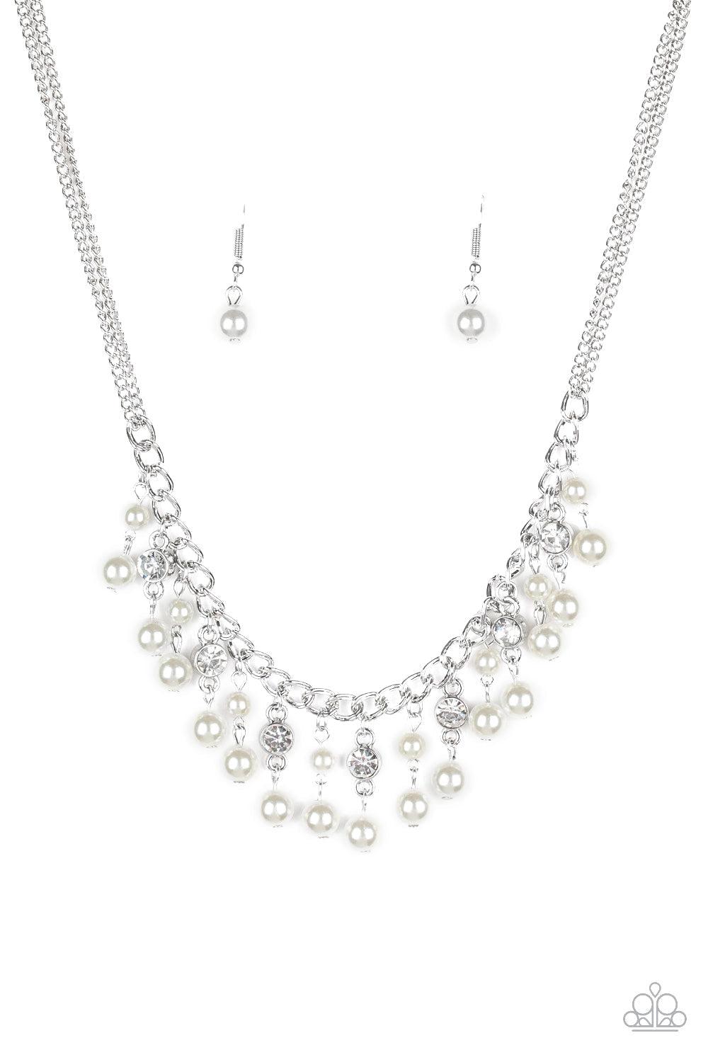 Regal Refinement White Rhinestone and Pearl Necklace - Paparazzi Accessories- lightbox - CarasShop.com - Paparazzi Jewelry by Cara Jewels
