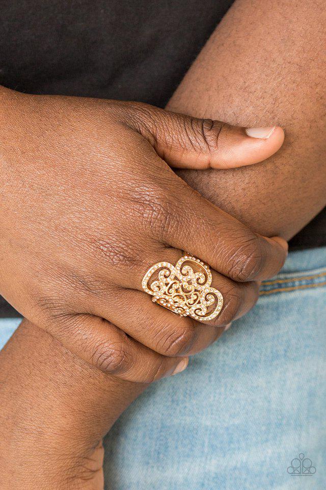 Regal Regalia Gold Ring - Paparazzi Accessories- on model - CarasShop.com - Paparazzi Jewelry by Cara Jewels
