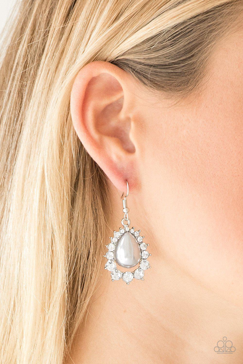 Regal Renewal Silver Pearl Earrings - Paparazzi Accessories- on model - CarasShop.com - Paparazzi Jewelry by Cara Jewels