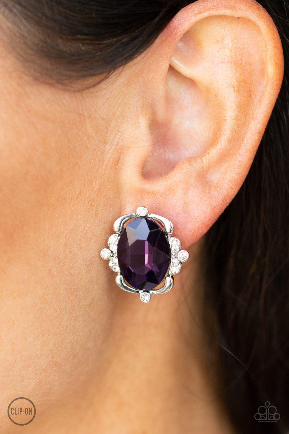 Regally Radiant Purple Gem Clip-on Earrings - Paparazzi Accessories- on model - CarasShop.com - Paparazzi Jewelry by Cara Jewels
