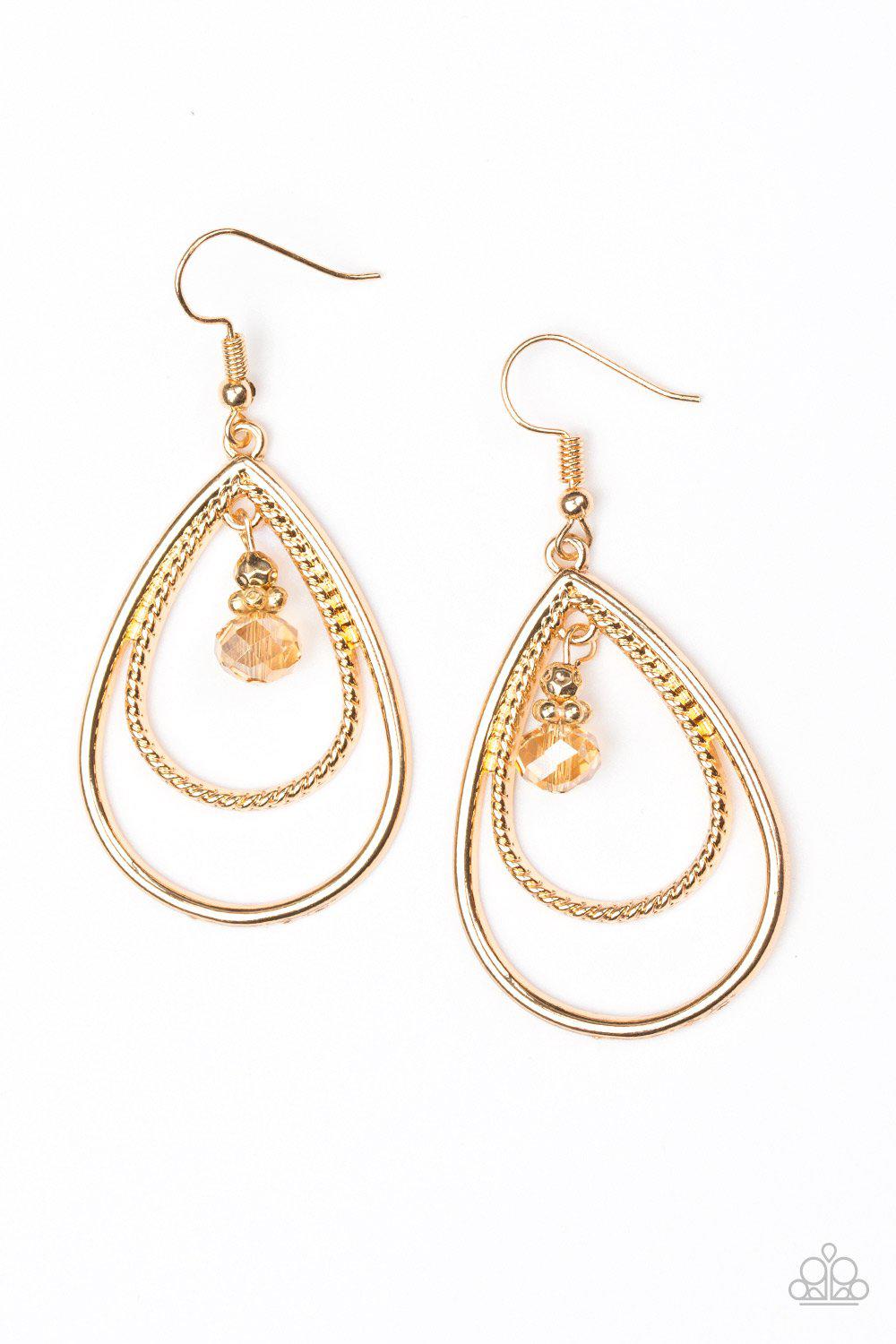 REIGN On My Parade Gold Earrings - Paparazzi Accessories- on model - CarasShop.com - Paparazzi Jewelry by Cara Jewels