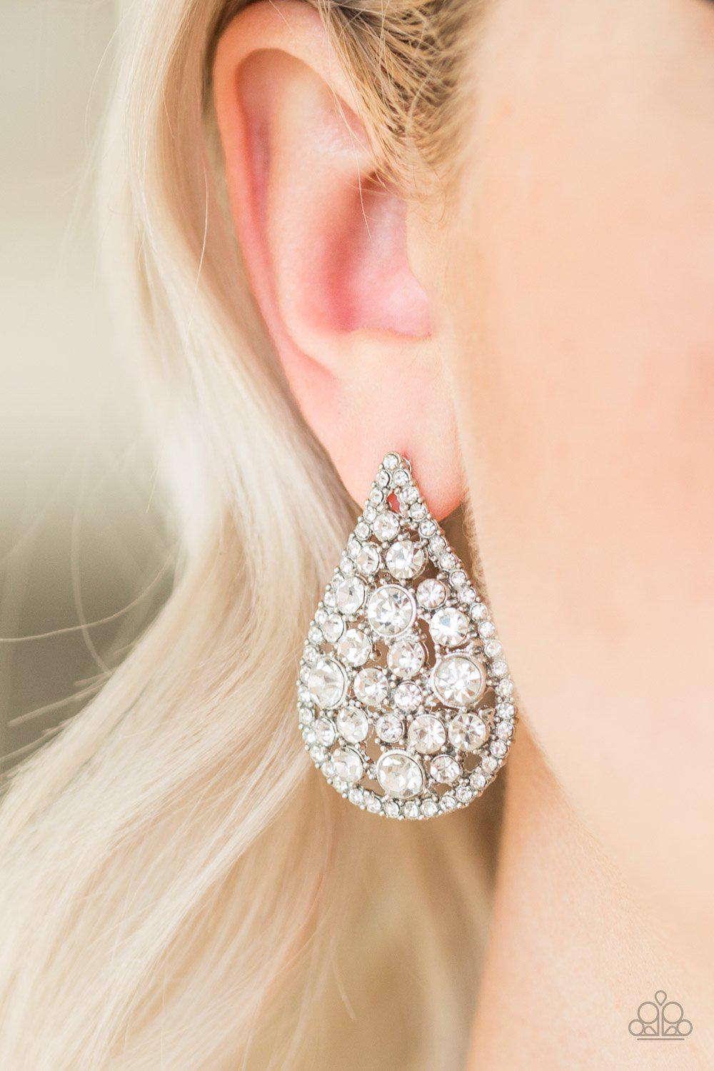 REIGN Storm White Rhinestone Teardrop Post Earrings - Paparazzi Accessories- lightbox - CarasShop.com - Paparazzi Jewelry by Cara Jewels