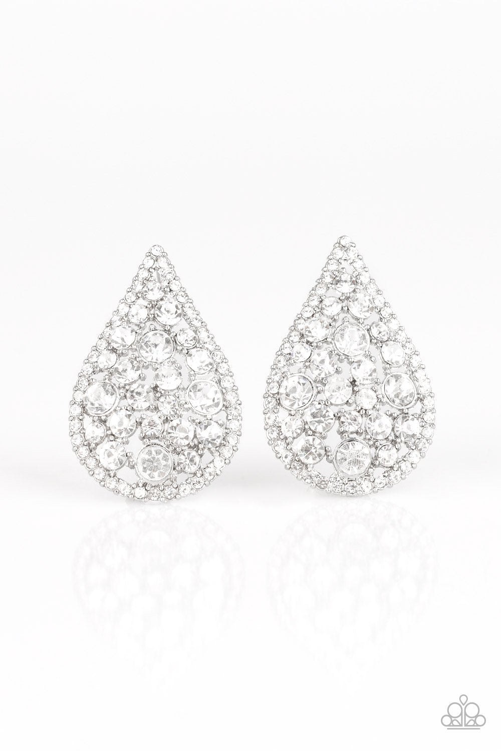REIGN Storm White Rhinestone Teardrop Post Earrings - Paparazzi Accessories- on model - CarasShop.com - Paparazzi Jewelry by Cara Jewels