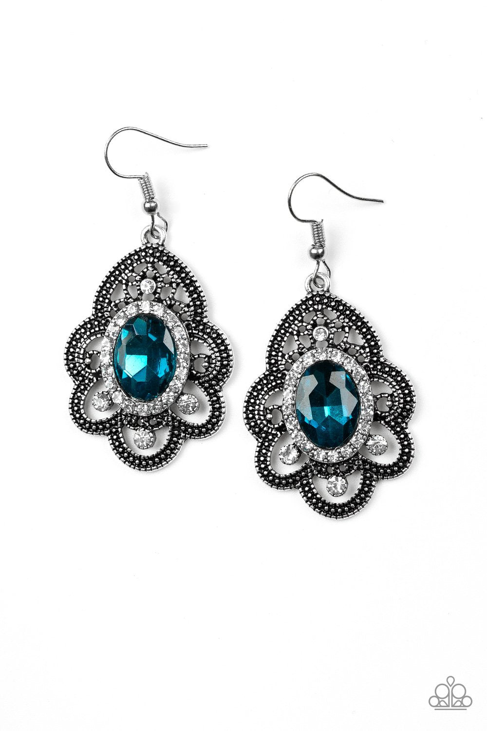 Reign Supreme Blue Rhinestone Earrings - Paparazzi Accessories- on model - CarasShop.com - Paparazzi Jewelry by Cara Jewels