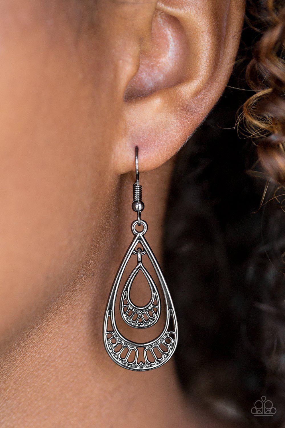 Reigned Out Gunmetal Black Teardrop Earrings - Paparazzi Accessories- lightbox - CarasShop.com - Paparazzi Jewelry by Cara Jewels