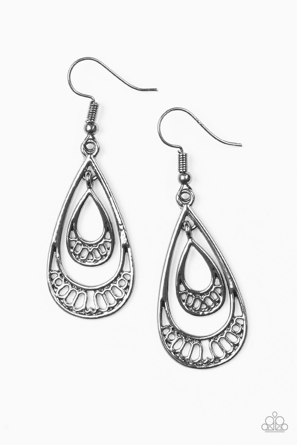 Reigned Out Gunmetal Black Teardrop Earrings - Paparazzi Accessories- on model - CarasShop.com - Paparazzi Jewelry by Cara Jewels