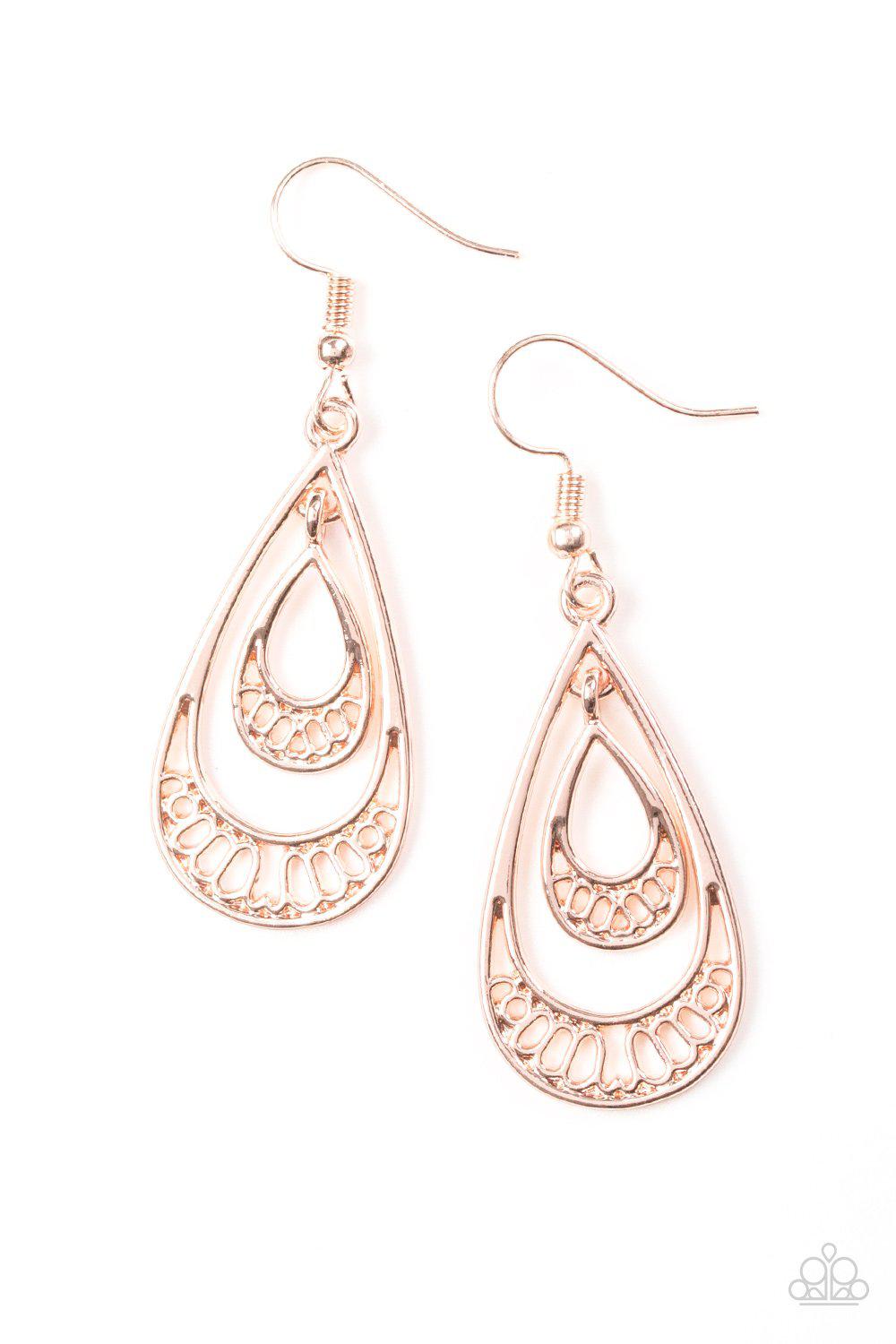 Reigned Out Rose Gold Earrings - Paparazzi Accessories- on model - CarasShop.com - Paparazzi Jewelry by Cara Jewels