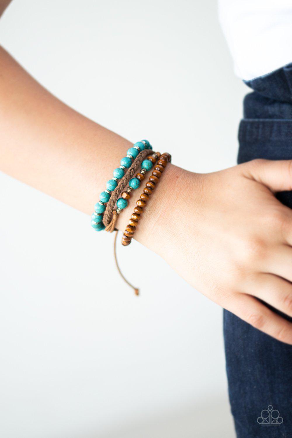 Renewable Energy Turquoise Blue Stone, Wood and Brown Suede Urban Knot Bracelet - Paparazzi Accessories- lightbox - CarasShop.com - Paparazzi Jewelry by Cara Jewels