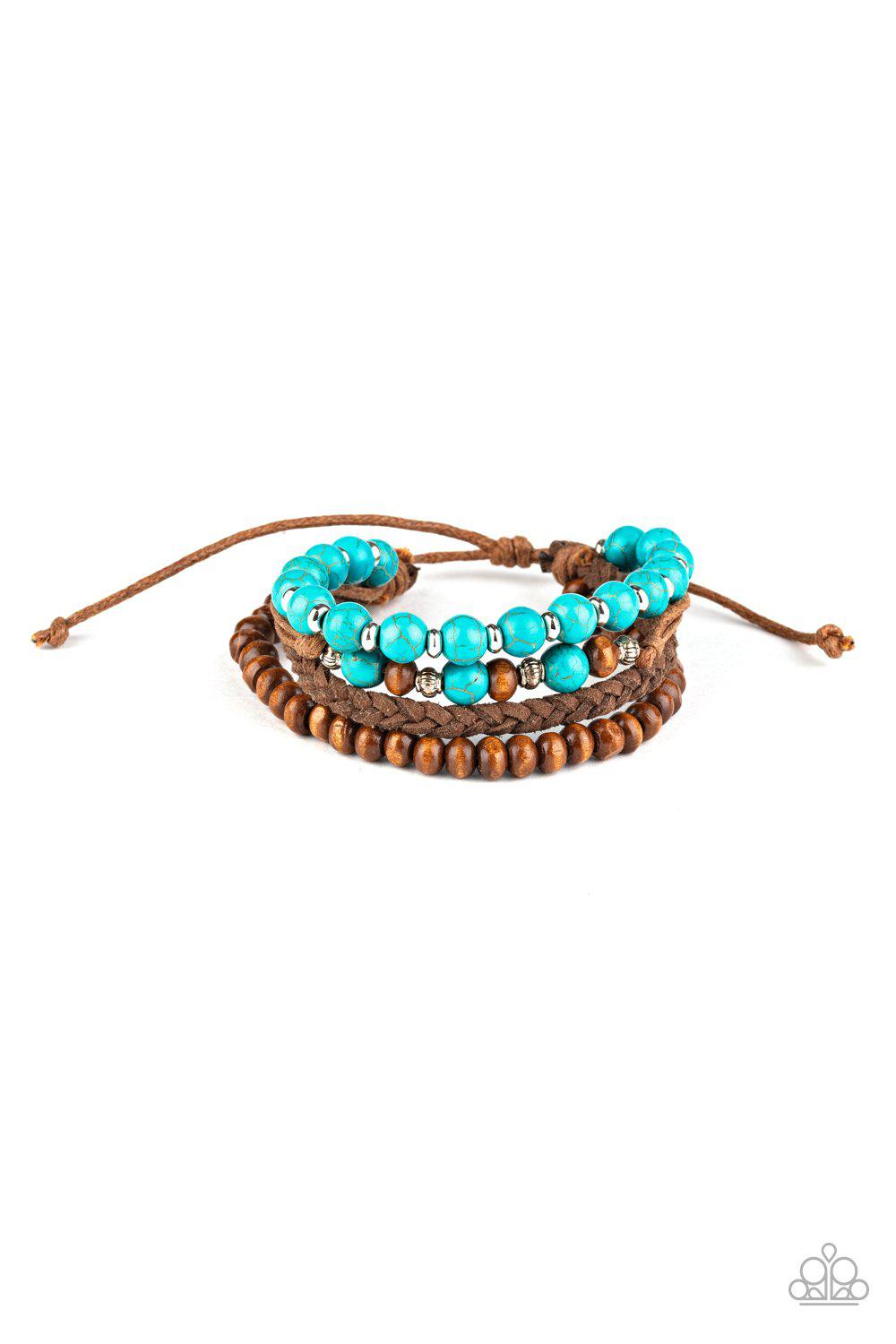 Renewable Energy Turquoise Blue Stone, Wood and Brown Suede Urban Knot Bracelet - Paparazzi Accessories- on model - CarasShop.com - Paparazzi Jewelry by Cara Jewels