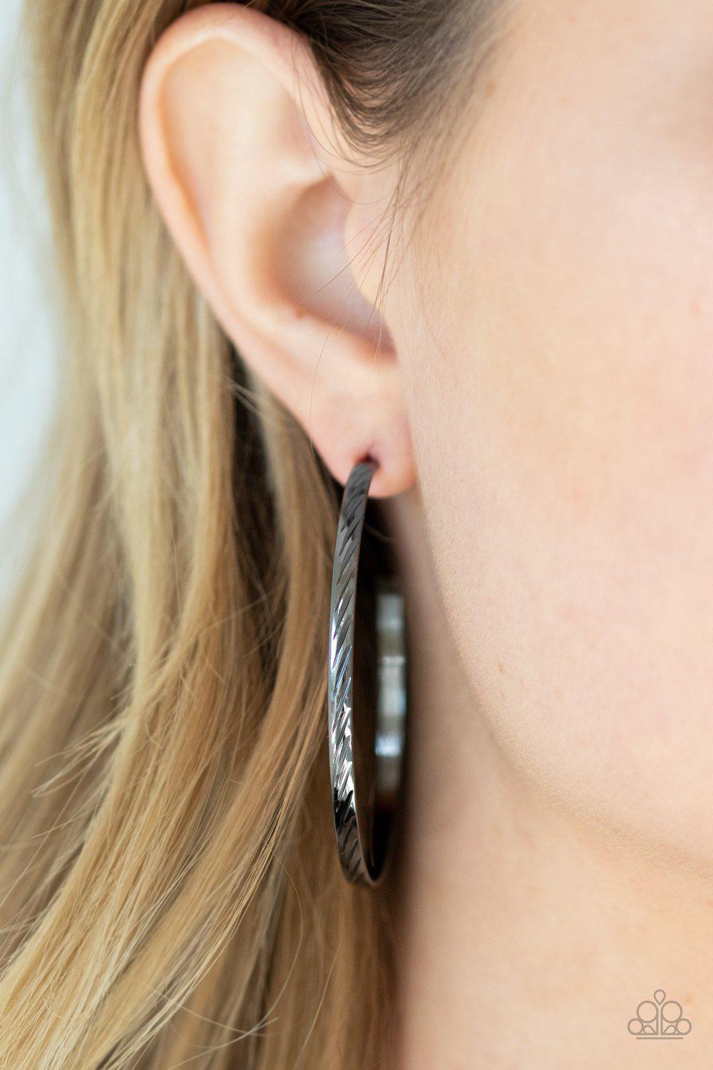 Reporting for Duty Gunmetal Black Hoop Earrings - Paparazzi Accessories- on model - CarasShop.com - Paparazzi Jewelry by Cara Jewels