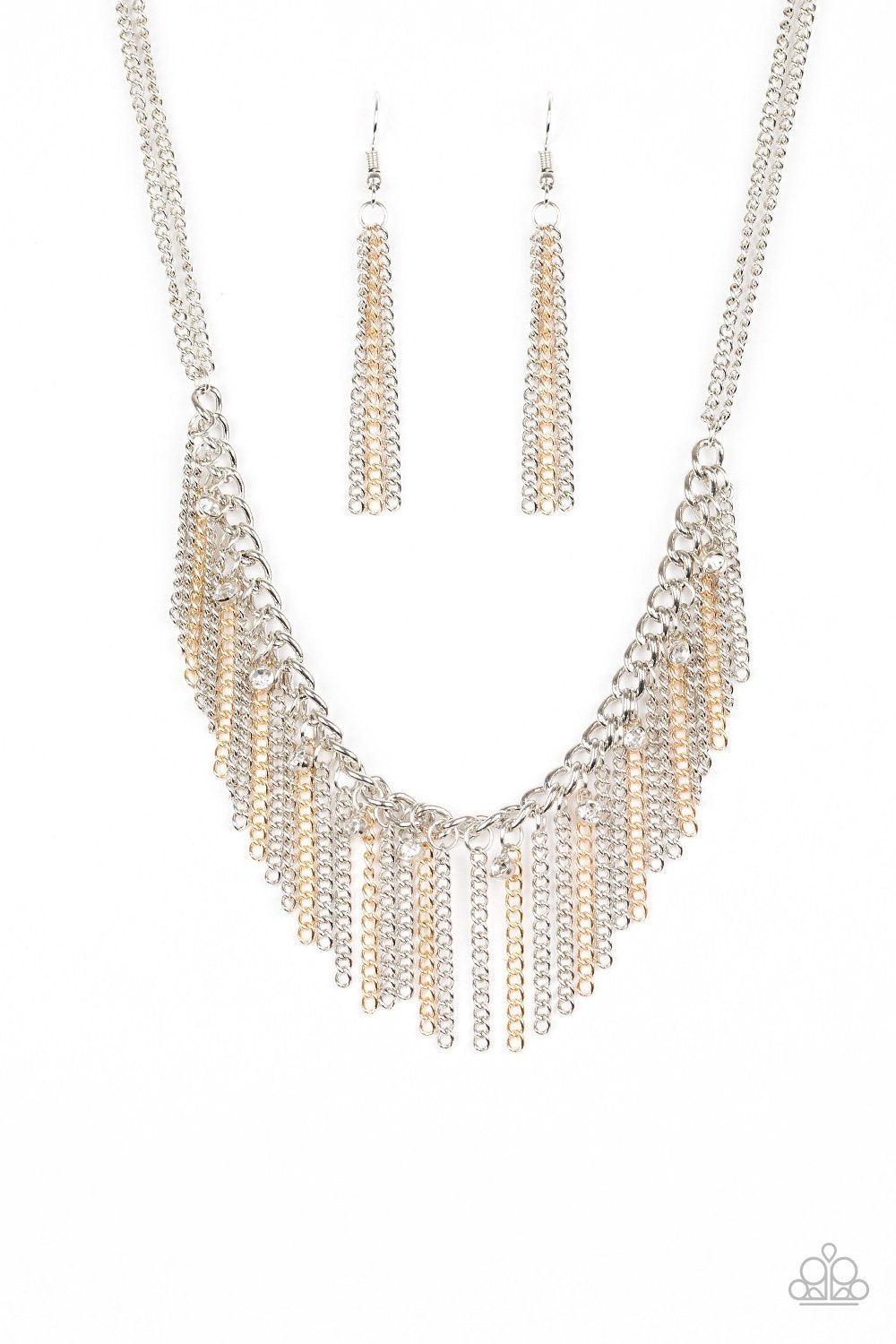 Retro Edge Gold and Silver Necklace - Paparazzi Accessories- on model - CarasShop.com - Paparazzi Jewelry by Cara Jewels