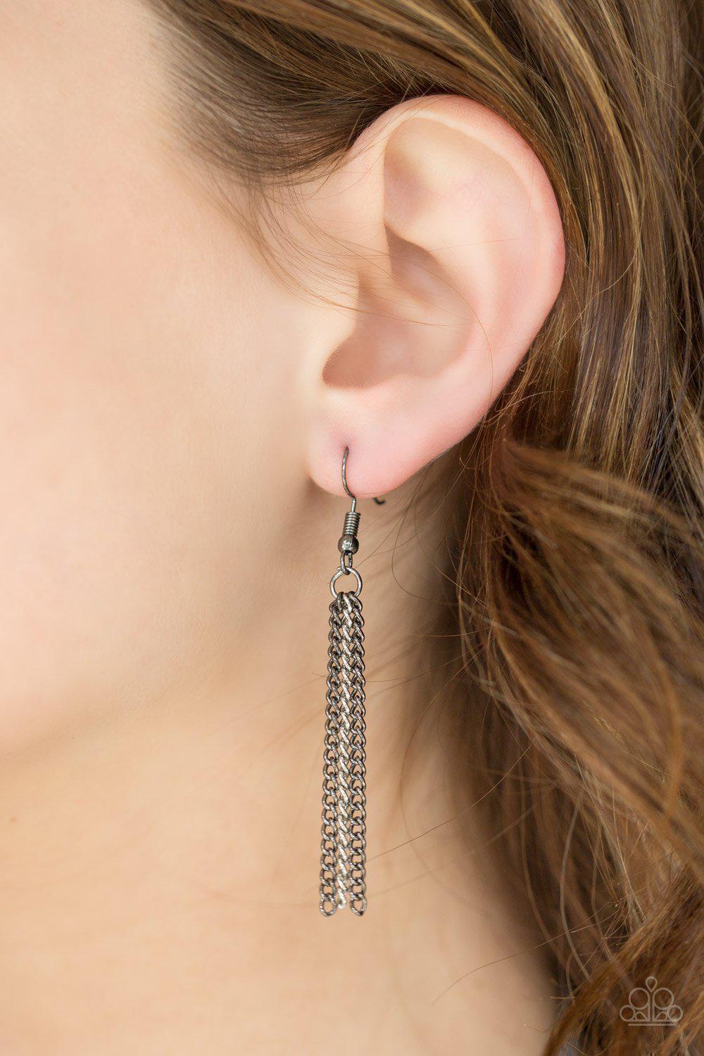 Retro Edge Gunmetal Black Fringe Necklace - Paparazzi Accessories - free matching earrings -CarasShop.com - Paparazzi Jewelry by Cara Jewels