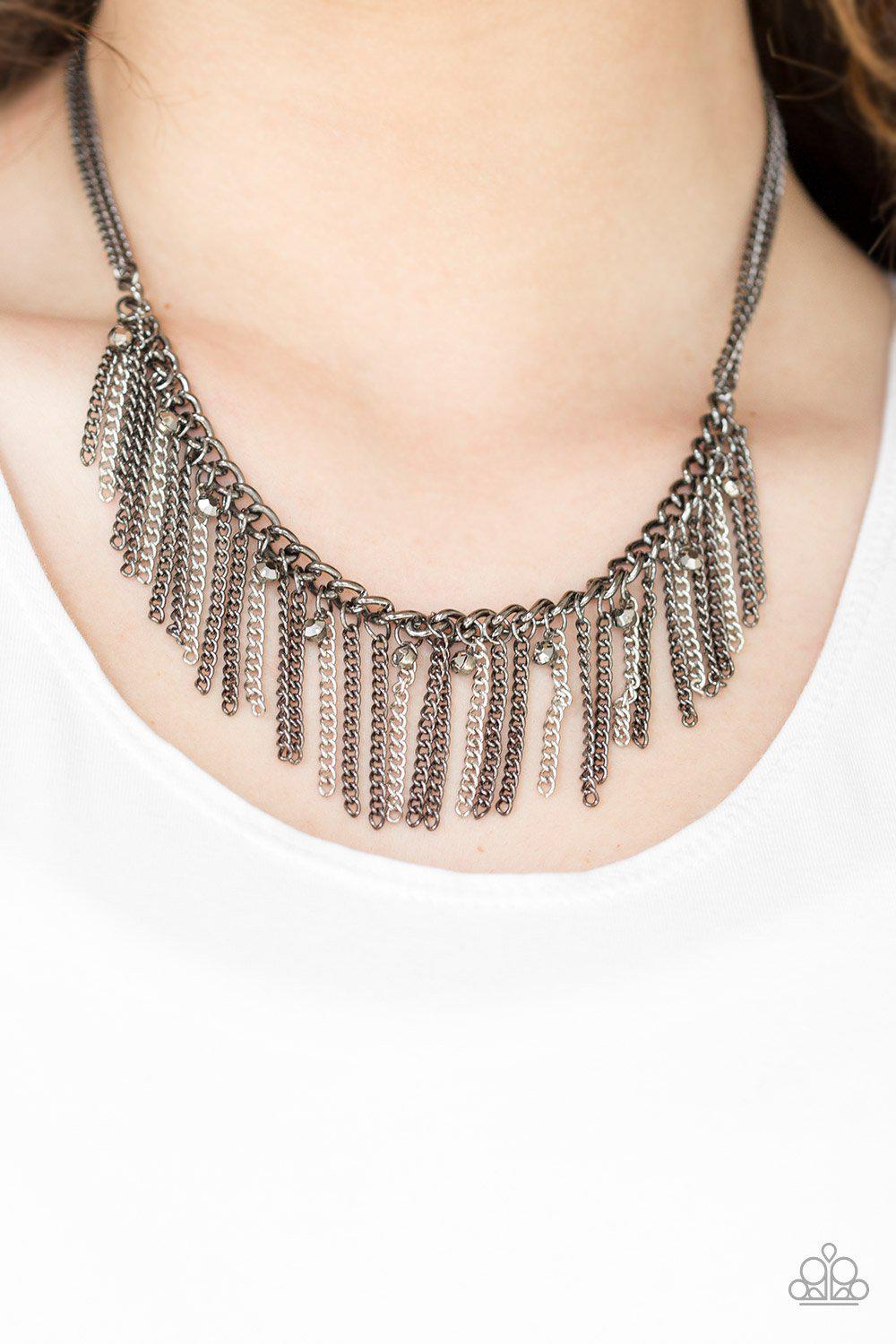 Retro Edge Gunmetal Black Fringe Necklace - Paparazzi Accessories- on model - CarasShop.com - Paparazzi Jewelry by Cara Jewels