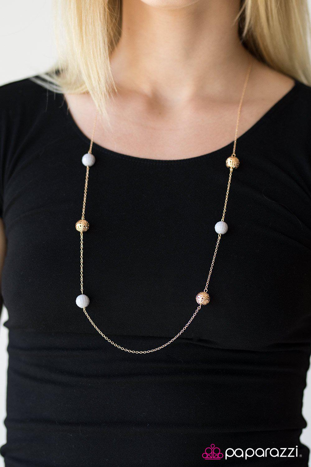 Retro Radiance Gold Necklace - Paparazzi Accessories- on model - CarasShop.com - Paparazzi Jewelry by Cara Jewels