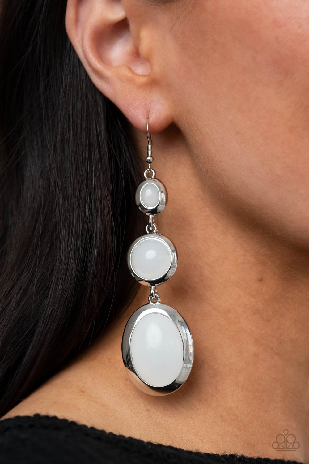 Retro Reality Cloudy White Earrings - Paparazzi Accessories- on model - CarasShop.com - Paparazzi Jewelry by Cara Jewels