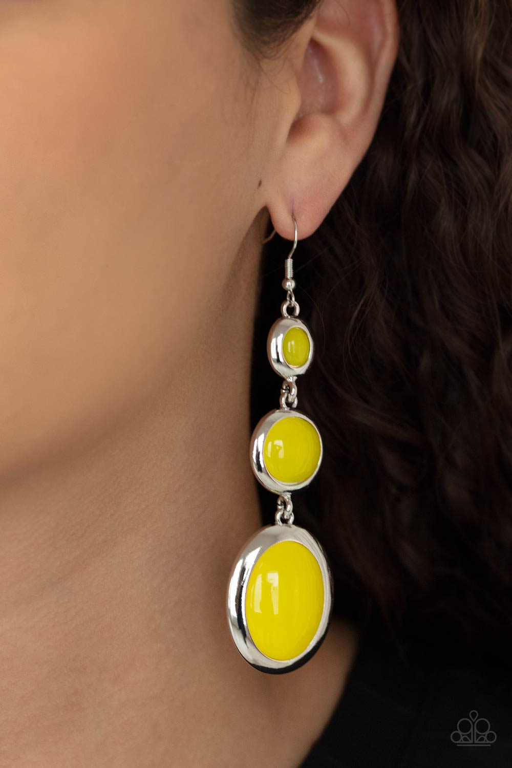 Retro Reality Yellow Earrings - Paparazzi Accessories- on model - CarasShop.com - Paparazzi Jewelry by Cara Jewels