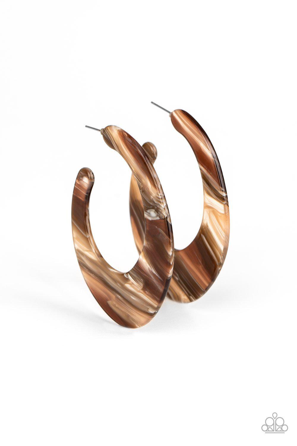 Retro Renaissance Brown Acrylic Hoop Earrings - Paparazzi Accessories- on model - CarasShop.com - Paparazzi Jewelry by Cara Jewels