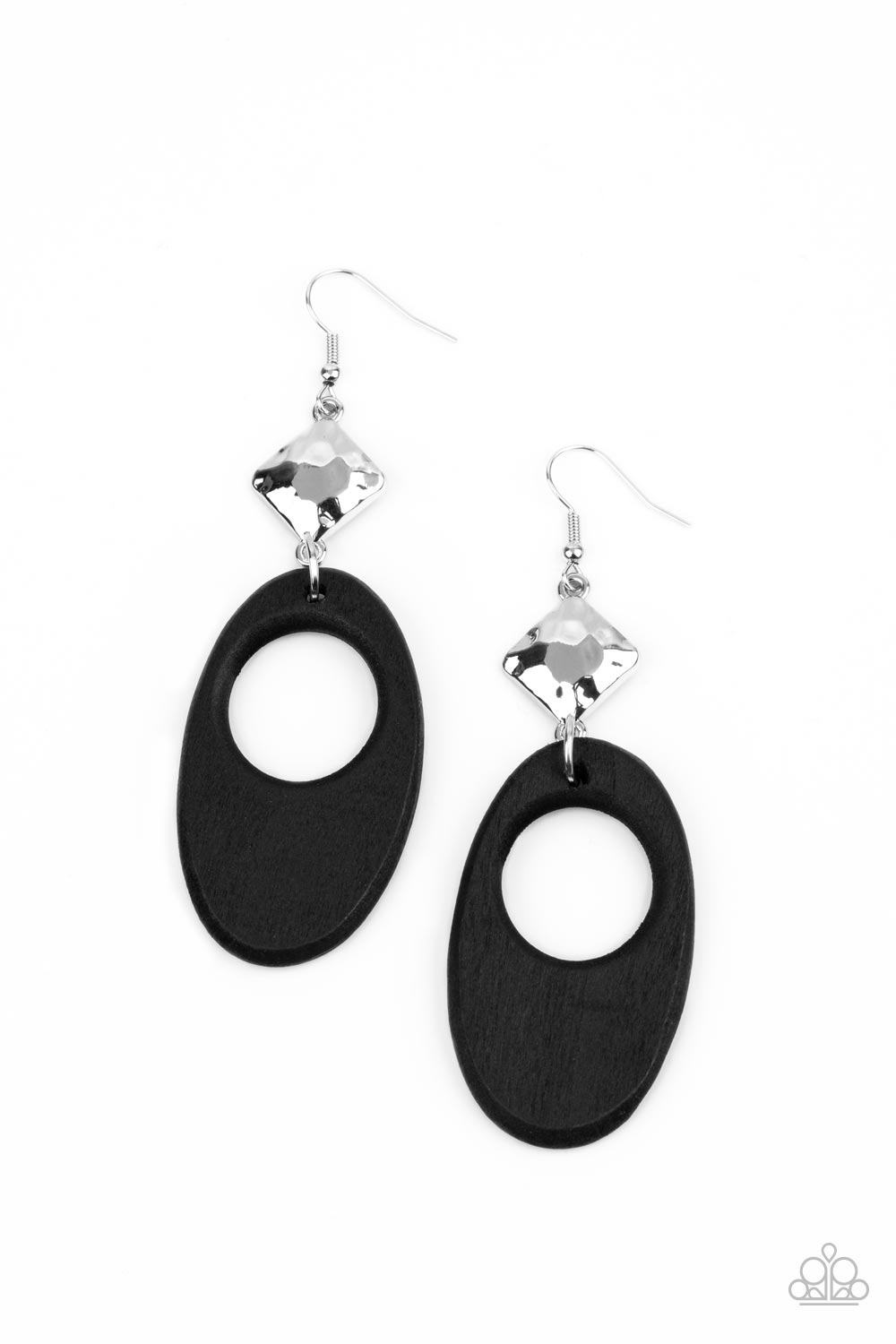 Retro Reveal Black Wood and Silver Earrings - Paparazzi Accessories- on model - CarasShop.com - Paparazzi Jewelry by Cara Jewels