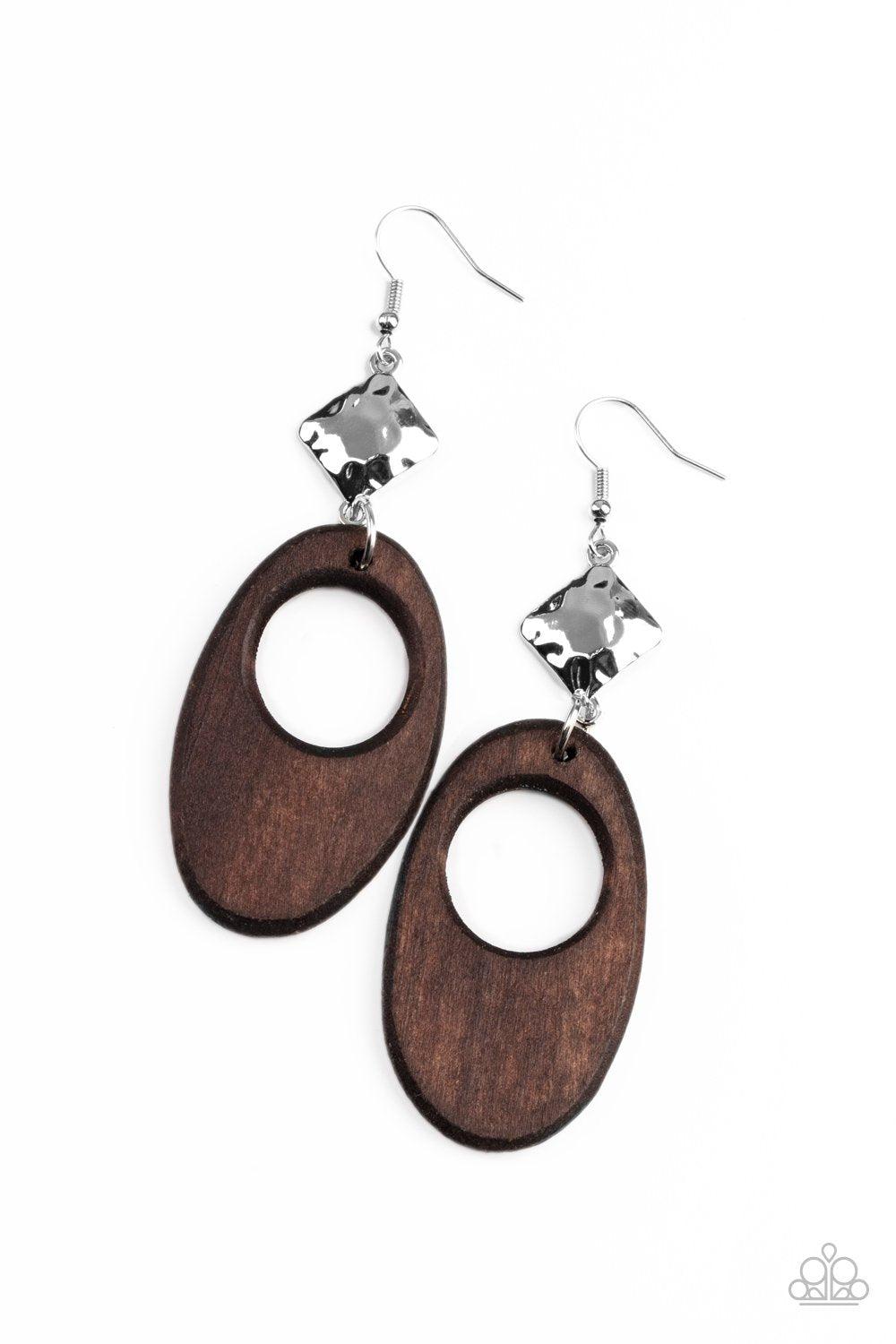 Retro Reveal Brown Wood Earrings - Paparazzi Accessories- lightbox - CarasShop.com - Paparazzi Jewelry by Cara Jewels