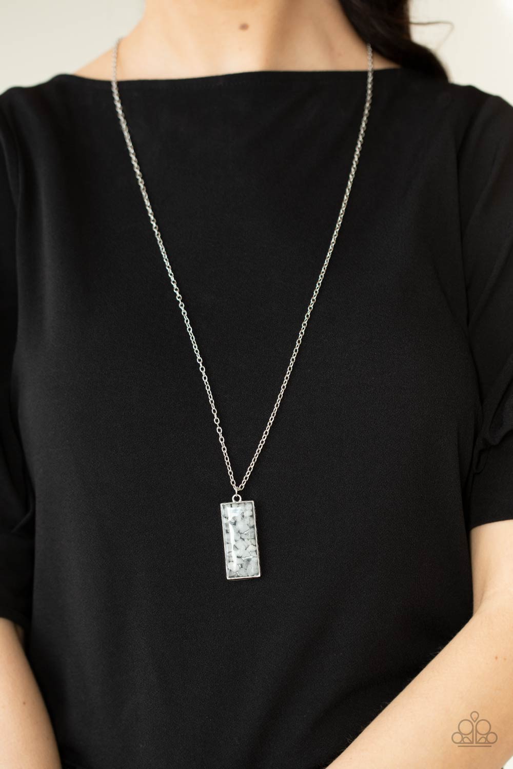 Retro Rock Collection White Necklace - Paparazzi Accessories- on model - CarasShop.com - Paparazzi Jewelry by Cara Jewels