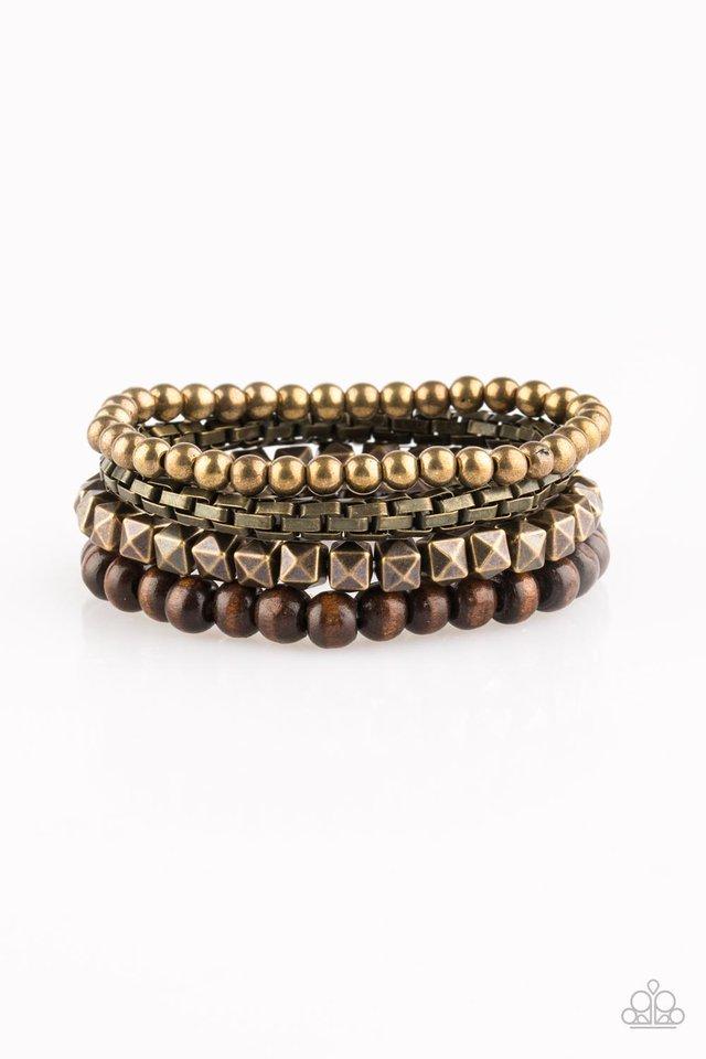 Retro Rocker Brass and Wood Bead Bracelet Set - Paparazzi Accessories- on model - CarasShop.com - Paparazzi Jewelry by Cara Jewels