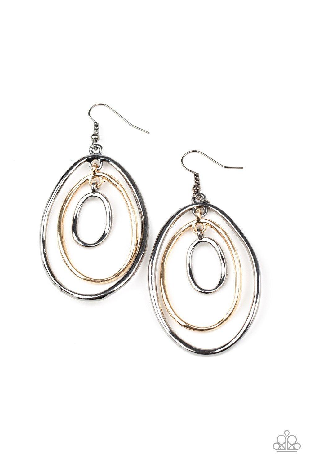 Retro Ruins Multi Gold and Gunmetal Earrings - Paparazzi Accessories- lightbox - CarasShop.com - Paparazzi Jewelry by Cara Jewels