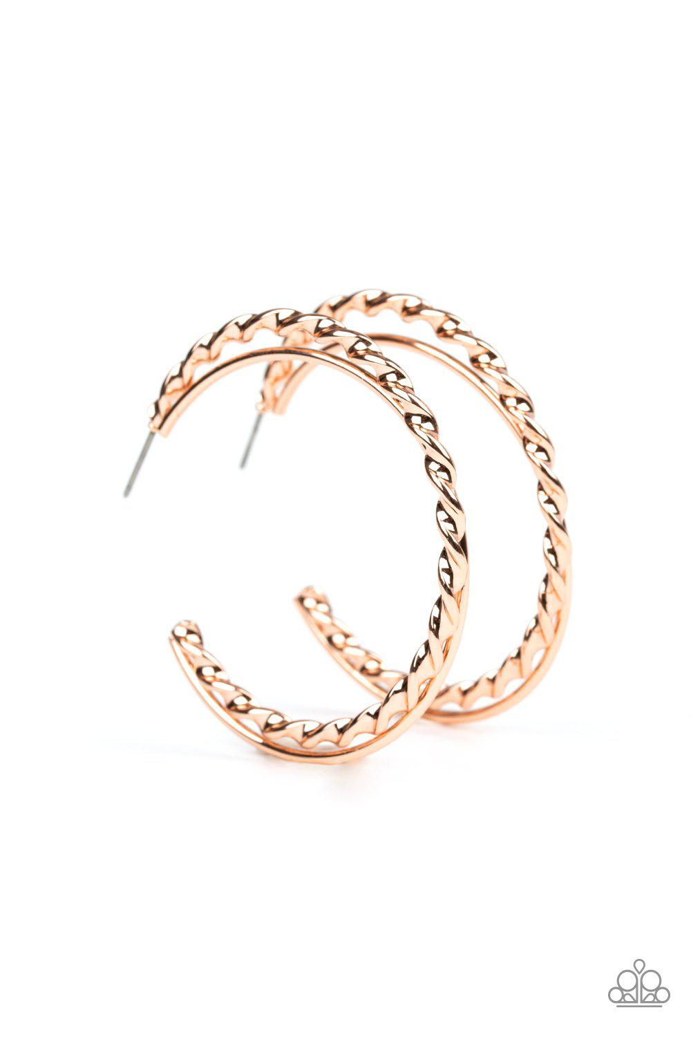 Retro Twist Rose Gold Hoop Earrings - Paparazzi Accessories- on model - CarasShop.com - Paparazzi Jewelry by Cara Jewels