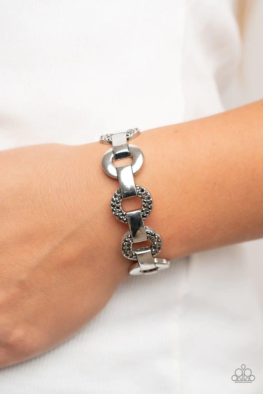 Revolutionary Romantic Silver Rhinestone Cuff Bracelet - Paparazzi Accessories- on model - CarasShop.com - Paparazzi Jewelry by Cara Jewels