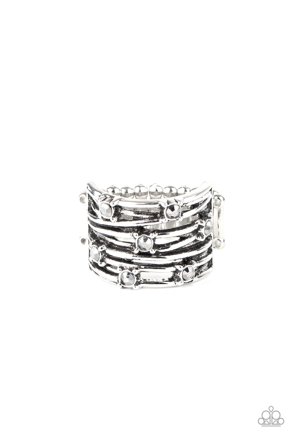 Revved Up Radiance Silver and Hematite Ring - Paparazzi Accessories- lightbox - CarasShop.com - Paparazzi Jewelry by Cara Jewels