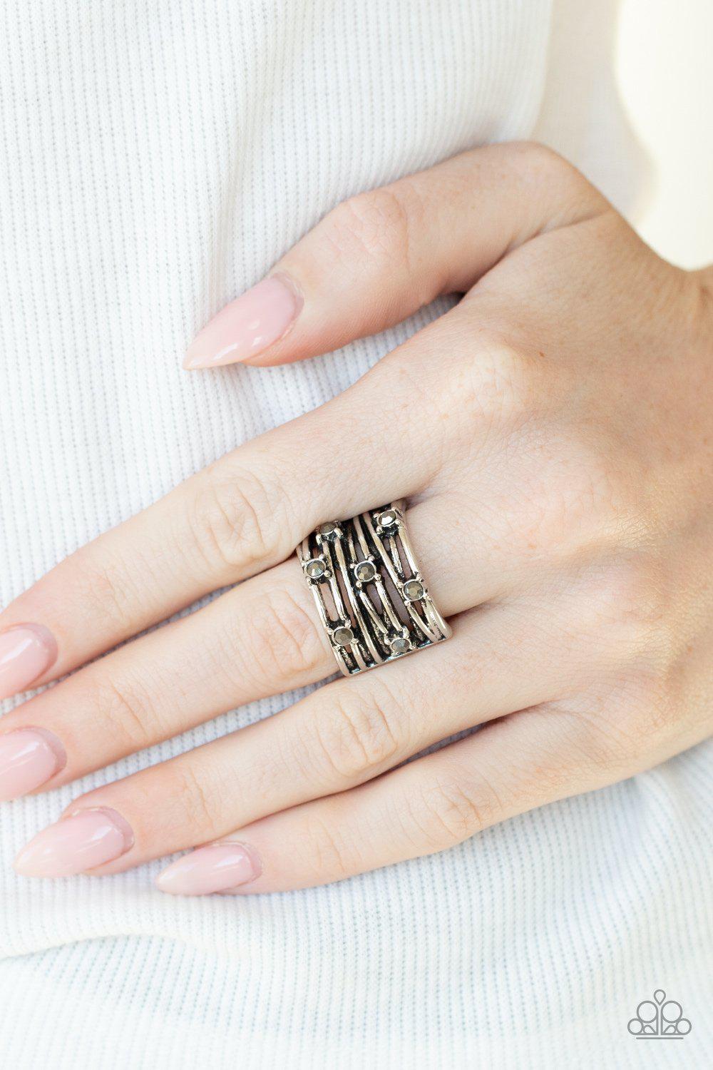 Revved Up Radiance Silver and Hematite Ring - Paparazzi Accessories- on model - CarasShop.com - Paparazzi Jewelry by Cara Jewels