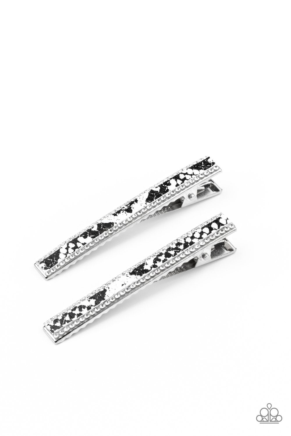 Rhinestone Jungle Black and White Python Print Hair Clip - Paparazzi Accessories- on model - CarasShop.com - Paparazzi Jewelry by Cara Jewels