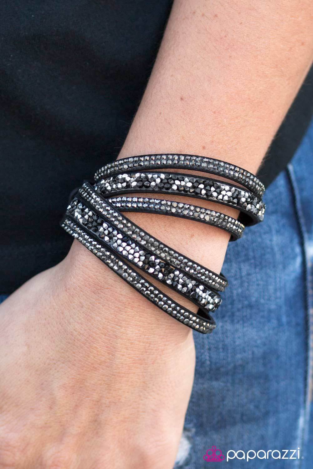 Rhinestone Radar Black and Hematite Rhinestone Double-wrap Snap Bracelet - Paparazzi Accessories- lightbox - CarasShop.com - Paparazzi Jewelry by Cara Jewels