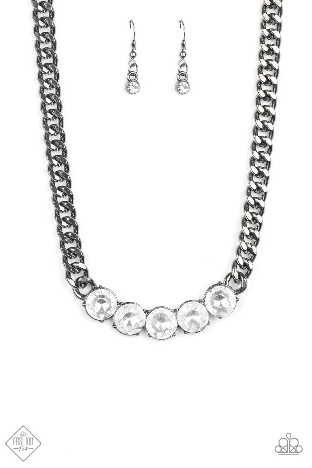 Rhinestone Renegade Gunmetal and White Rhinestone Necklace - Paparazzi Accessories- Earrings - CarasShop.com - Paparazzi Jewelry by Cara Jewels