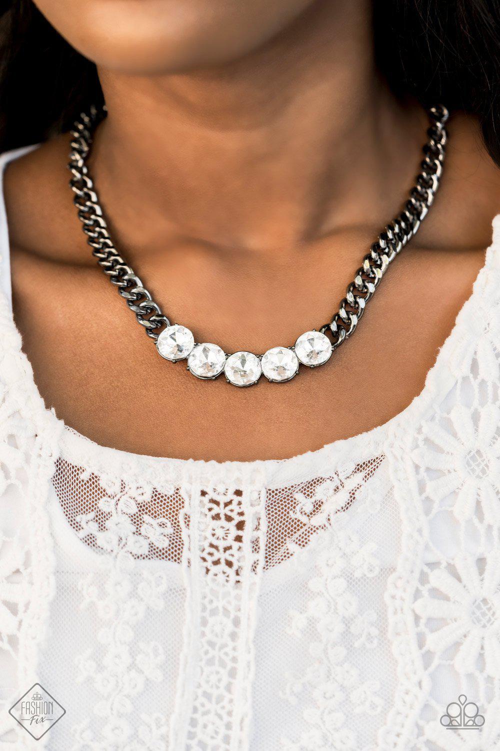 Rhinestone Renegade Gunmetal and White Rhinestone Necklace - Paparazzi Accessories- Complete Look - CarasShop.com - Paparazzi Jewelry by Cara Jewels