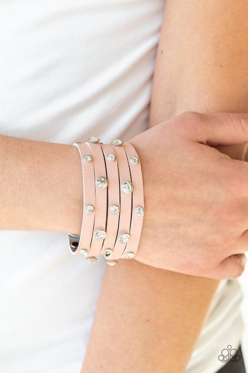 Rhinestone Reputation Pink Leather and Rhinestone Wrap Snap Bracelet - Paparazzi Accessories- lightbox - CarasShop.com - Paparazzi Jewelry by Cara Jewels