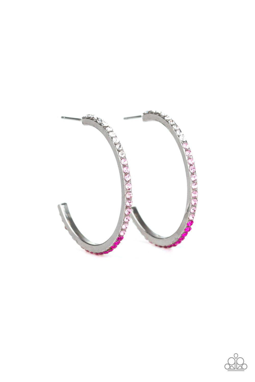 Rhinestone Revamp Pink Ombre Hoop Earrings - Paparazzi Accessories- on model - CarasShop.com - Paparazzi Jewelry by Cara Jewels