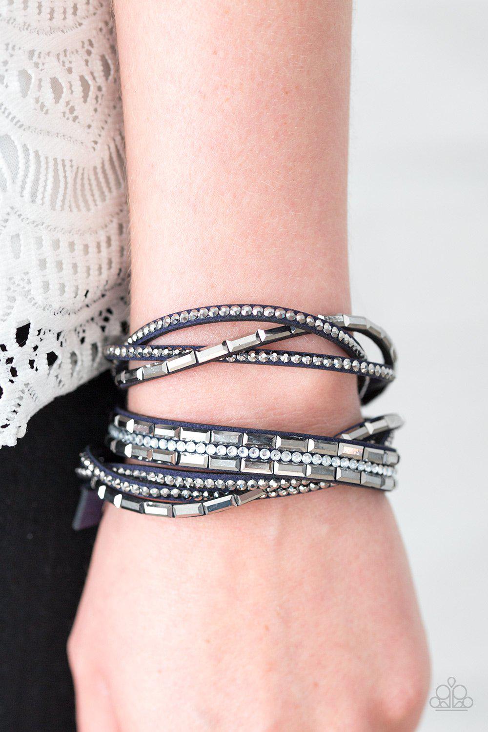 Rhinestone Riot Dark Blue Braided Urban Wrap Snap Bracelet - Paparazzi Accessories- lightbox - CarasShop.com - Paparazzi Jewelry by Cara Jewels
