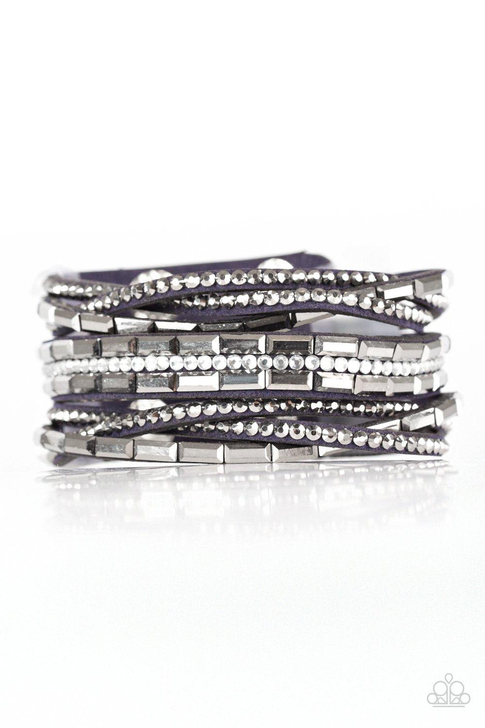 Rhinestone Riot Dark Blue Braided Urban Wrap Snap Bracelet - Paparazzi Accessories- on model - CarasShop.com - Paparazzi Jewelry by Cara Jewels