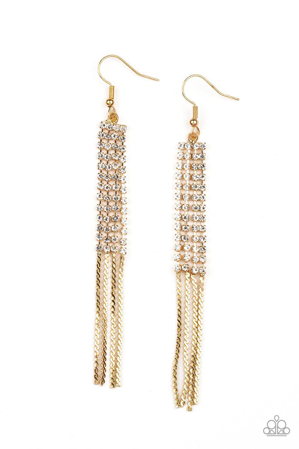 Rhinestone Romance Gold and White Rhinestone Earrings - Paparazzi Accessories- on model - CarasShop.com - Paparazzi Jewelry by Cara Jewels