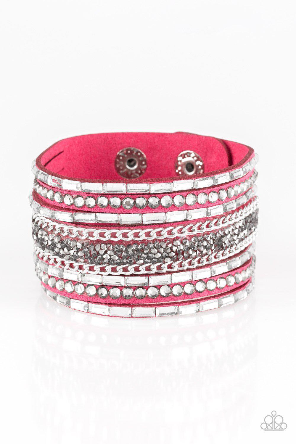 Rhinestone Rumble Pink Urban Wrap Snap Bracelet - Paparazzi Accessories- lightbox - CarasShop.com - Paparazzi Jewelry by Cara Jewels