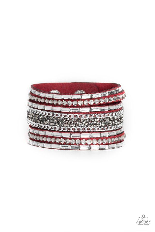 Rhinestone Rumble Red Urban Wrap Snap Bracelet - Paparazzi Accessories- lightbox - CarasShop.com - Paparazzi Jewelry by Cara Jewels