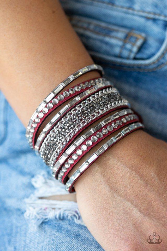 Rhinestone Rumble Red Urban Wrap Snap Bracelet - Paparazzi Accessories- on model - CarasShop.com - Paparazzi Jewelry by Cara Jewels