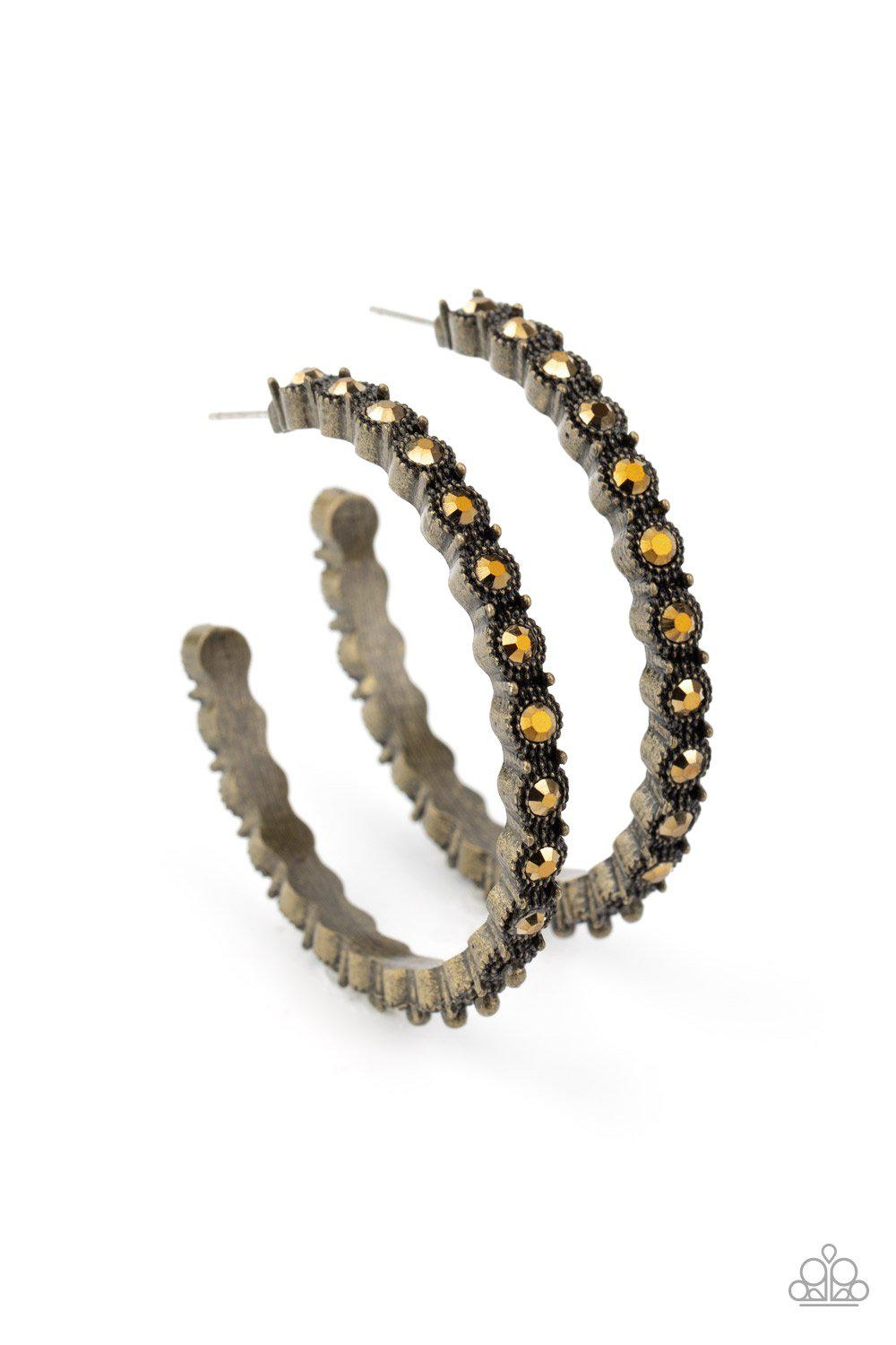 Rhinestone Studded Sass Brass Hoop Earrings - Paparazzi Accessories- on model - CarasShop.com - Paparazzi Jewelry by Cara Jewels