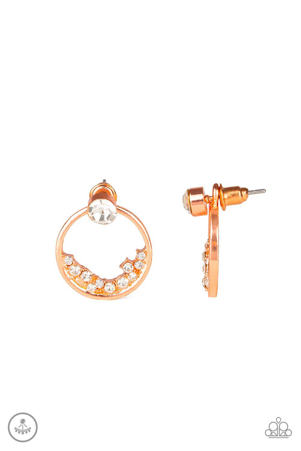 Rich Blitz Copper and White Rhinestone Post Earrings - Paparazzi Accessories- lightbox - CarasShop.com - Paparazzi Jewelry by Cara Jewels