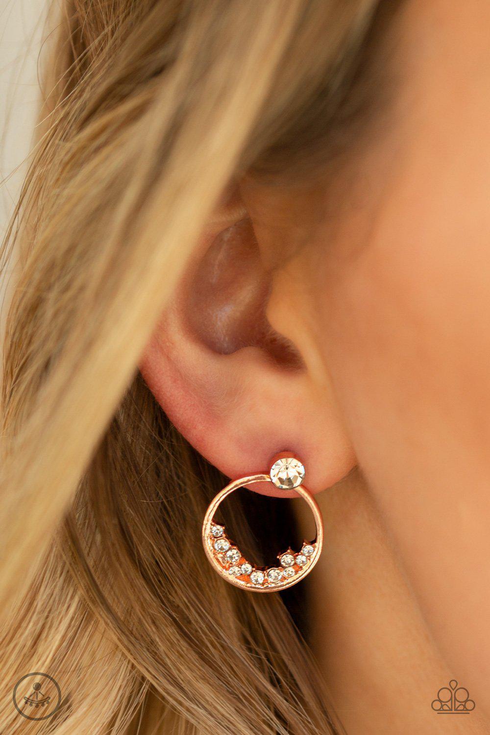 Rich Blitz Copper and White Rhinestone Post Earrings - Paparazzi Accessories- on model - CarasShop.com - Paparazzi Jewelry by Cara Jewels