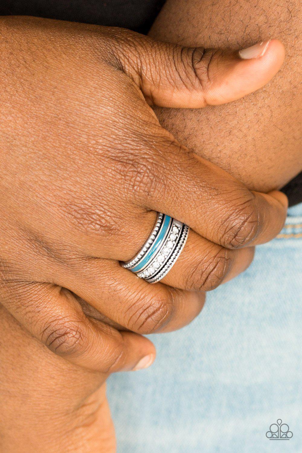 Rich Rogue Blue and Silver Ring - Paparazzi Accessories- on model - CarasShop.com - Paparazzi Jewelry by Cara Jewels