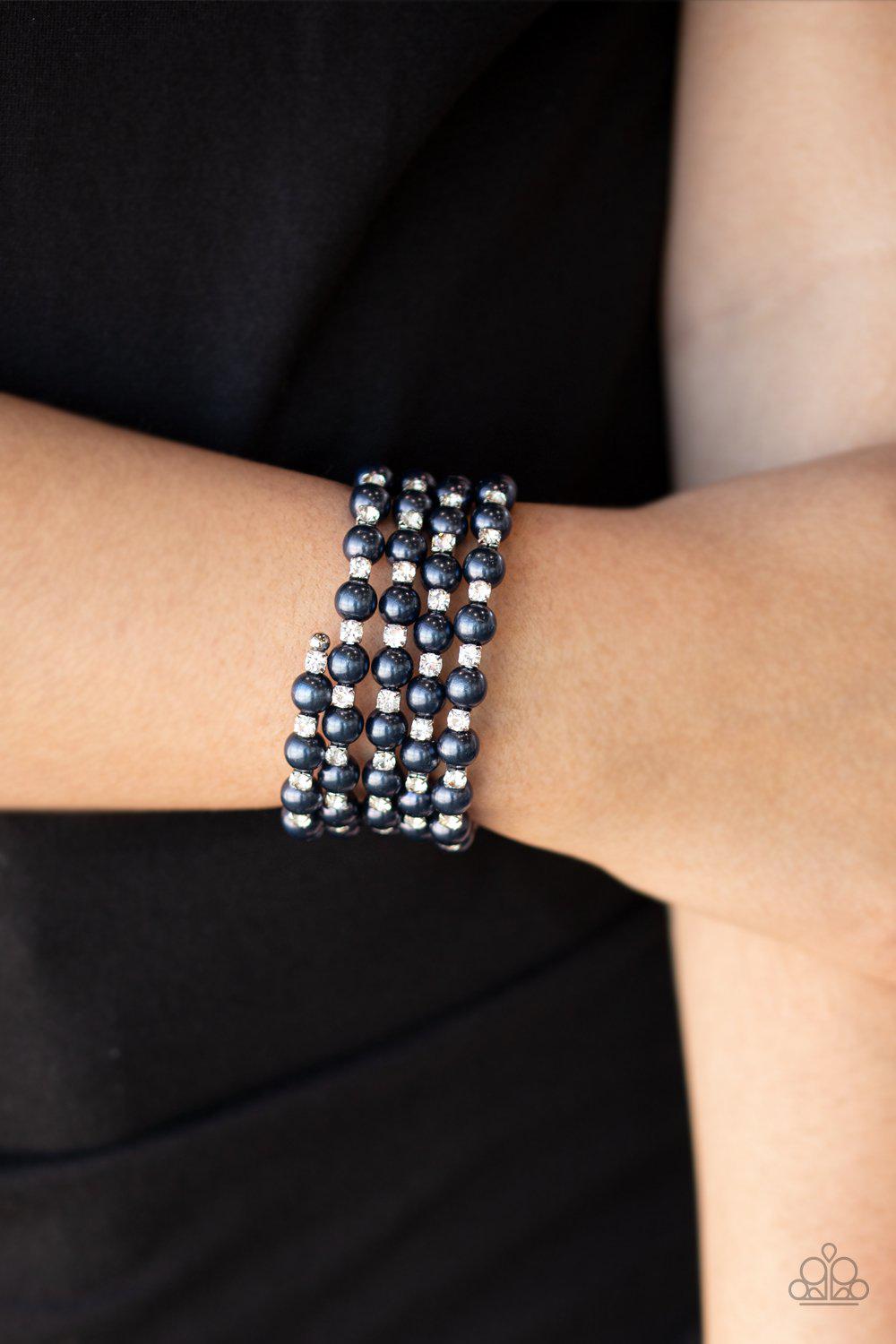 Rich Royal Blue Pearl and White Rhinestone Wire Wrap Bracelet - Paparazzi Accessories- lightbox - CarasShop.com - Paparazzi Jewelry by Cara Jewels
